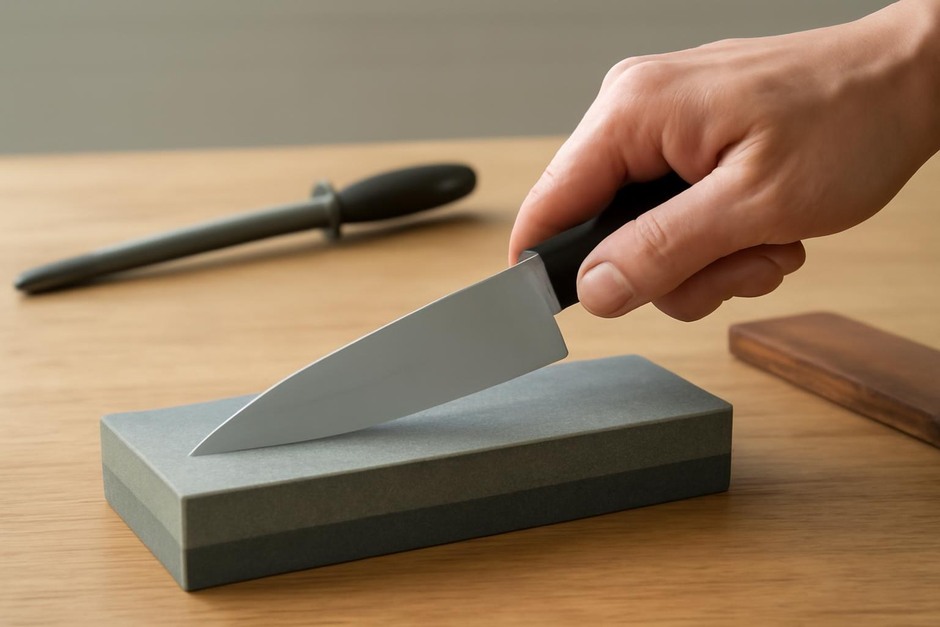 Hand holding a knife near a whetstone on a work surface