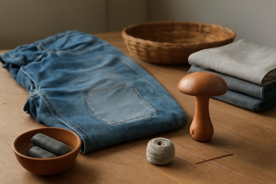 A workspace with needle, thread, darning mushroom, and patched denim ready for repair