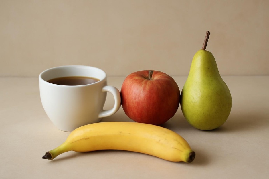 A small tabletop still life setup with a cup and fruit on a neutral background